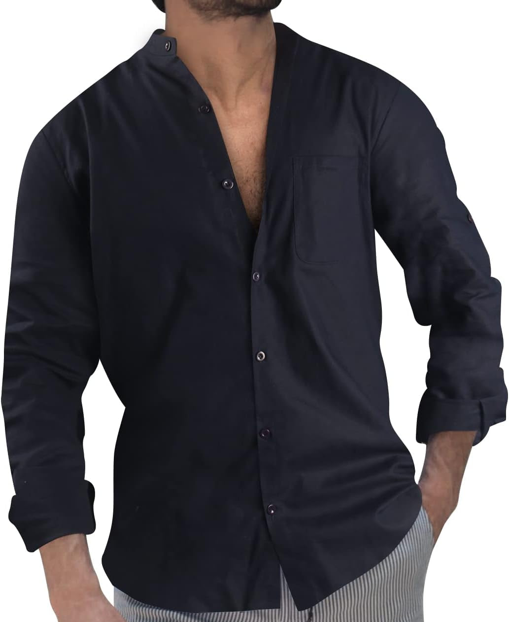 Men'S Guayabera Shirts Long Sleeve Button down Shirt Linen Solid Shirt Cuban Beach Tops