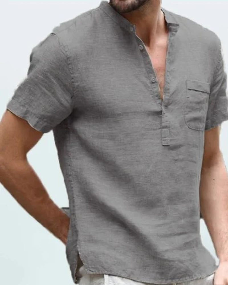 Casual Linen Solid Color Shirt Button V Neck Beach Shirt Men Summer Tops